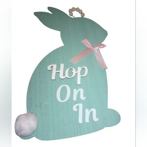 Mint Bunny Wall Sign "Hop On In" with Pink Bow Nwot